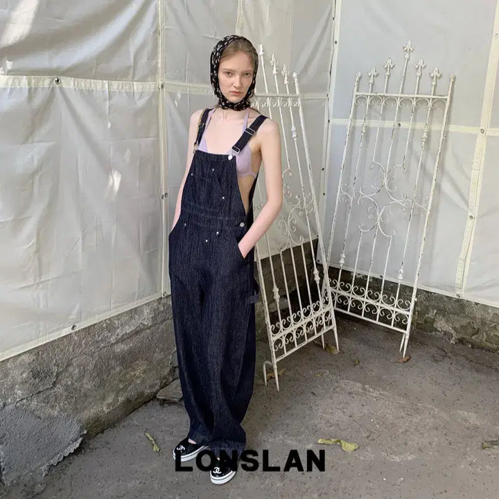 [BUNJANG] LONSLAN Navy Pocket Cowboy Wide Bib Pants / LONSLAN 론슬란 네이비 포켓 카우보이 와이드 멜빵 바지