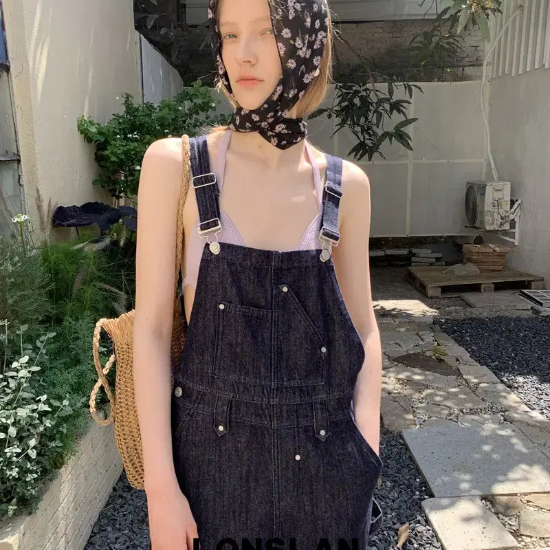[BUNJANG] LONSLAN Navy Pocket Cowboy Wide Bib Pants / LONSLAN 론슬란 네이비 포켓 카우보이 와이드 멜빵 바지