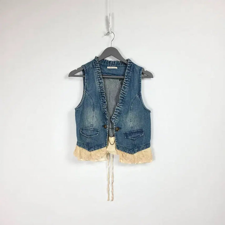 [BUNJANG] Vintage Denim Layered Lace Vest / 악세스 일본 빈티지 데님 레이어드 레이스 조끼 여 90. 0512