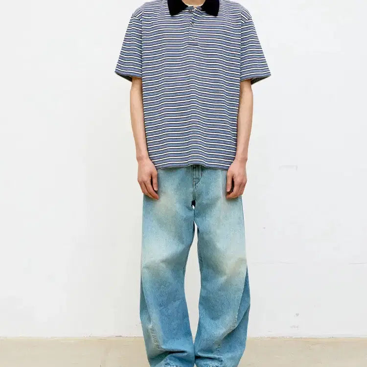 [BUNJANG] COOR Multi-Pin Stripe Polo Shirt (Blue) - New, Size M / 쿠어 멀티 핀 스트라이프 폴로 셔츠 (블루) 새상품 M사이즈 팝니다