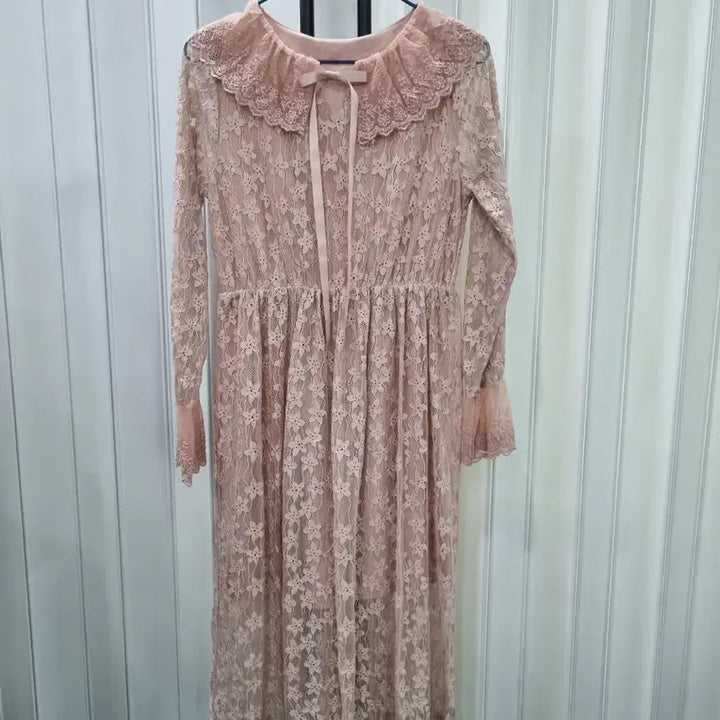 [BUNJANG] Pink Lace Long Dress with Frill Collar / 레이스 롱원피스 핑크 프릴 카라