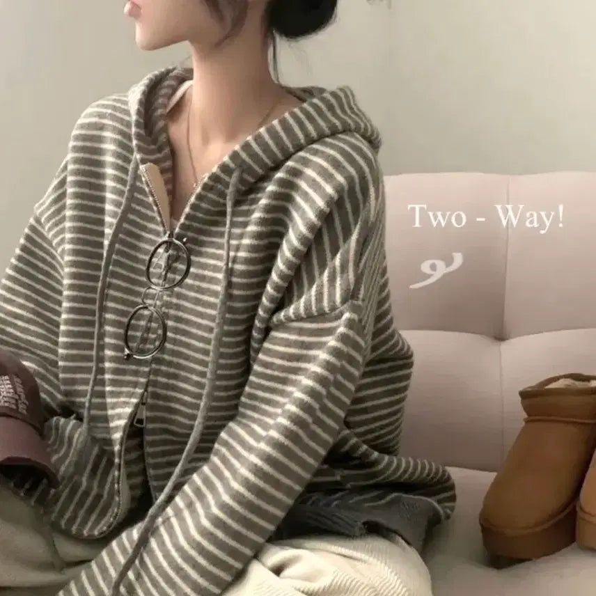 [BUNJANG] Sugar Powder Made Vimble Loose Fit Stripe Hood Knit Zip-Up / 슈가파우더 Made 빔블 루즈핏 스트라이프 후드 니트 집업