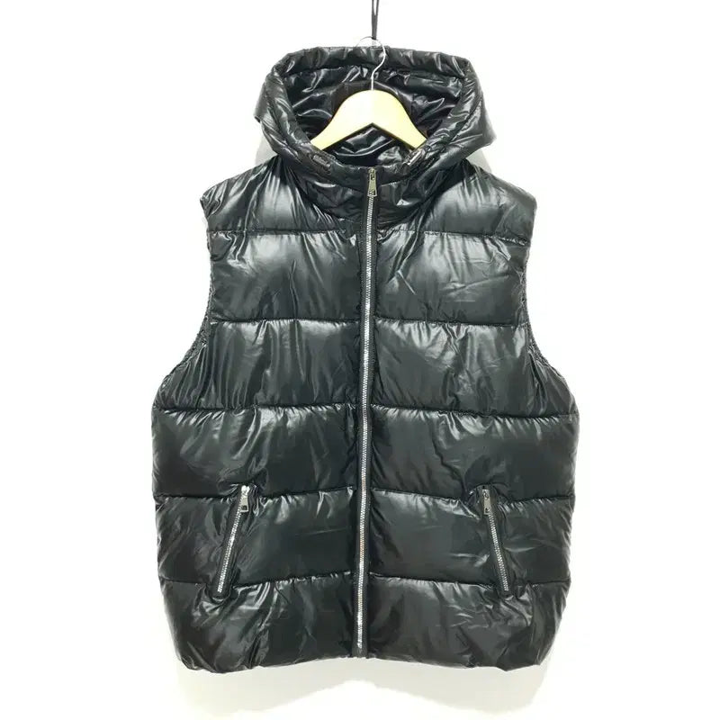 [BUNJANG] Black Glossy Hooded Vest Padded Jacket 105-110 / 블랙 글로시 후드 조끼 패딩 105~110_W0647