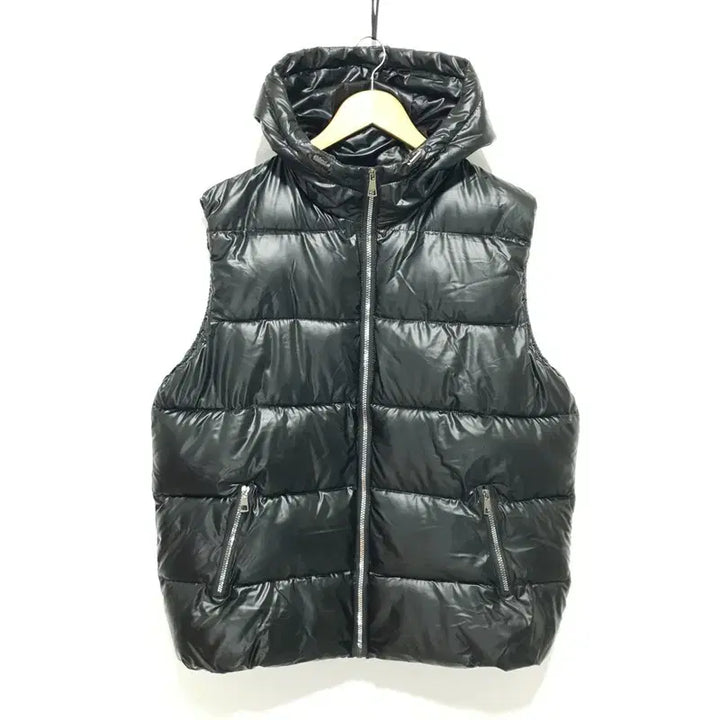 [BUNJANG] Black Glossy Hooded Vest Padded Jacket 105-110 / 블랙 글로시 후드 조끼 패딩 105~110_W0647