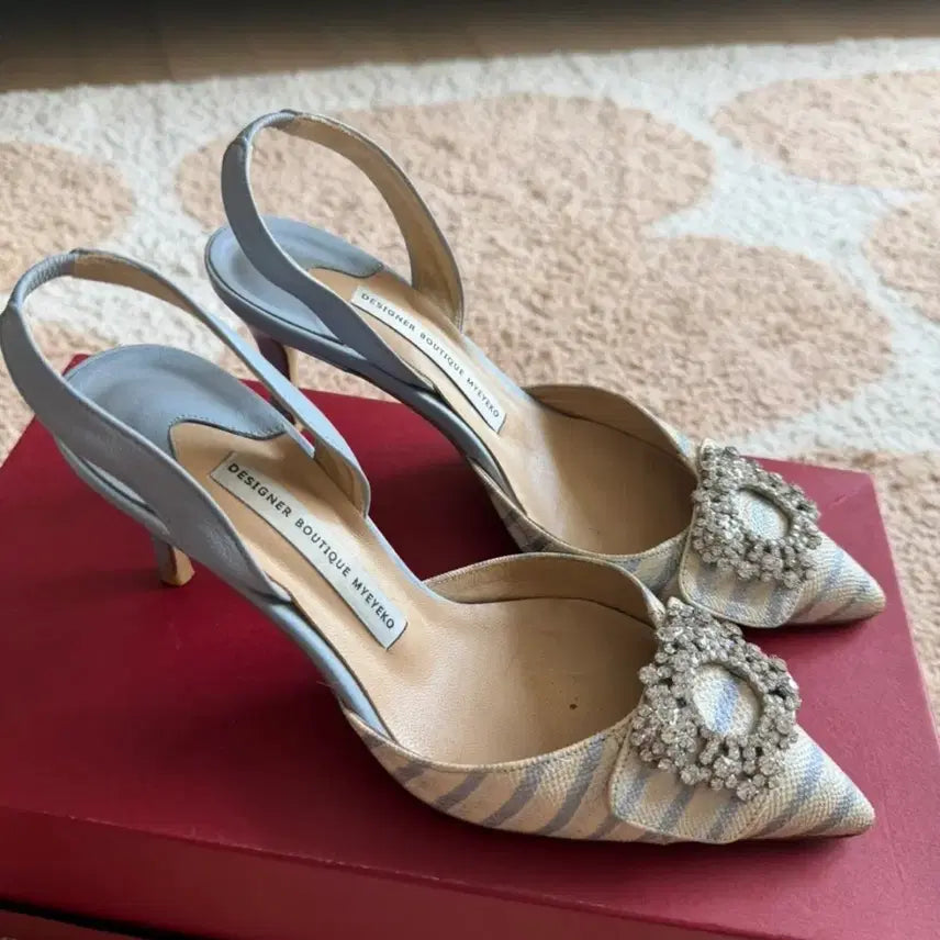 [BUNJANG] MAYAICO Stripe Cubic Slingback Heels / 마이아이코 스트라이프 큐빅 슬링백 힐