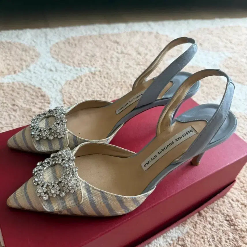 [BUNJANG] MAYAICO Stripe Cubic Slingback Heels / 마이아이코 스트라이프 큐빅 슬링백 힐