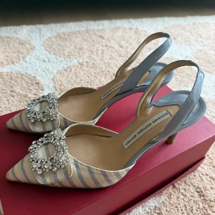 [BUNJANG] MAYAICO Stripe Cubic Slingback Heels / 마이아이코 스트라이프 큐빅 슬링백 힐