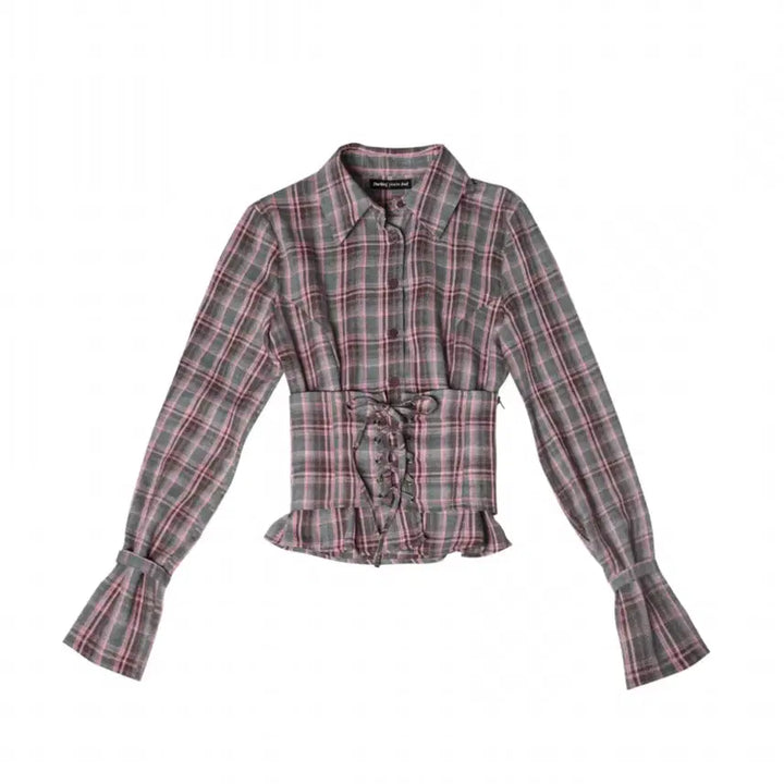 [BUNJANG] Darling Your Bad Check Corset Shirt Pink Grey / 새상품) 달링유어배드 달링유어배드 체크 코르셋 셔츠 핑크 그레이
