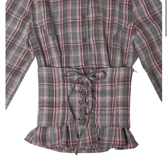 [BUNJANG] Darling Your Bad Check Corset Shirt Pink Grey / 새상품) 달링유어배드 달링유어배드 체크 코르셋 셔츠 핑크 그레이