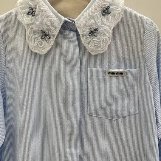 [BUNJANG] Miu Striped Lace Detail Shirt / 뮤 셔츠