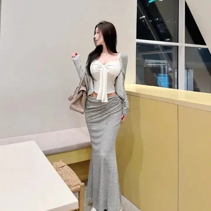 [BUNJANG] Stripe Three-Piece Set: Camisole, Cardigan, and Skirt / 단가라 쓰리피스 나시 + 가디건 + 치마 세트