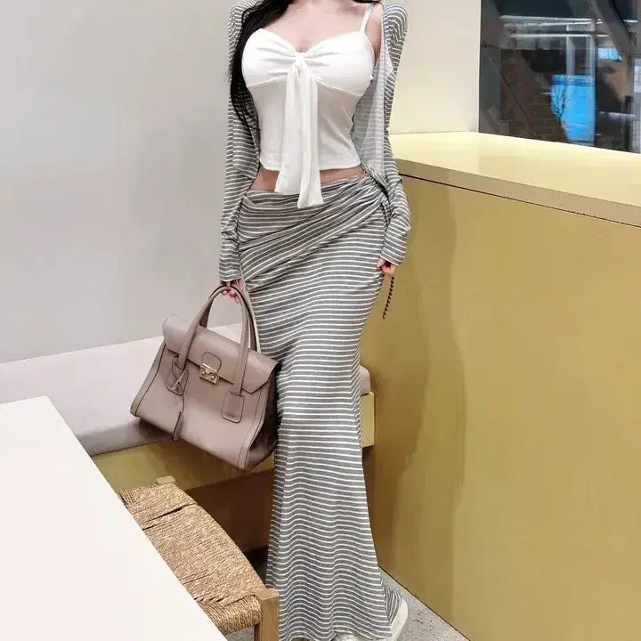 [BUNJANG] Stripe Three-Piece Set: Camisole, Cardigan, and Skirt / 단가라 쓰리피스 나시 + 가디건 + 치마 세트