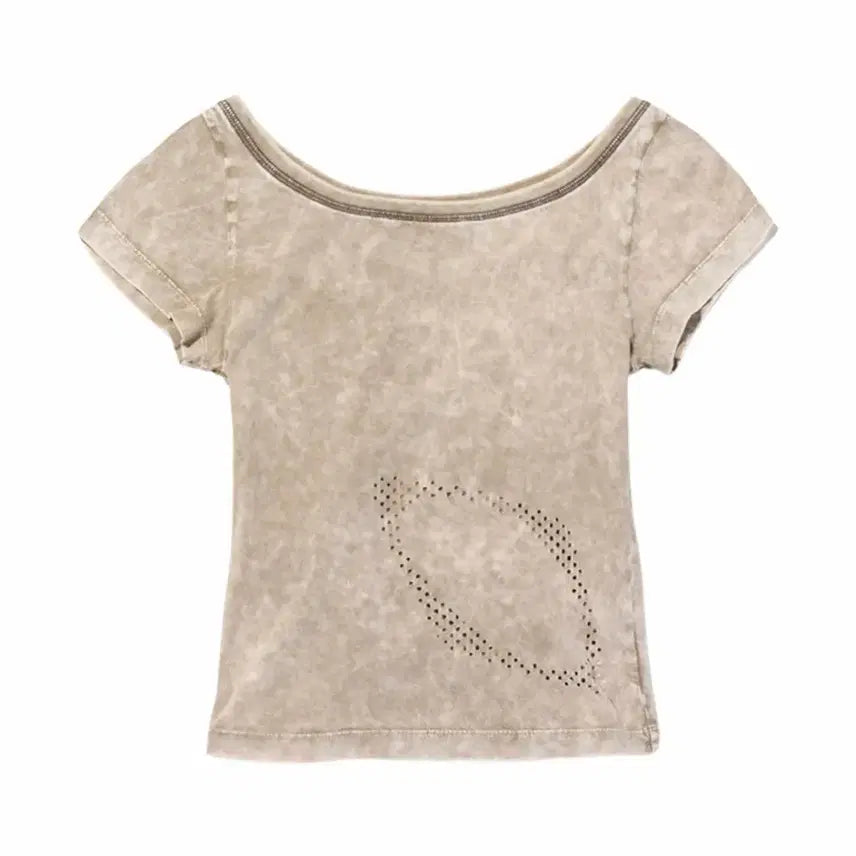 [BUNJANG] Mischief Bleached Wide Neck T-Shirt (Khaki Beige, M) / 미스치프 블리치드 와이드 넥 티셔츠 블리치드 카키 베이지 M