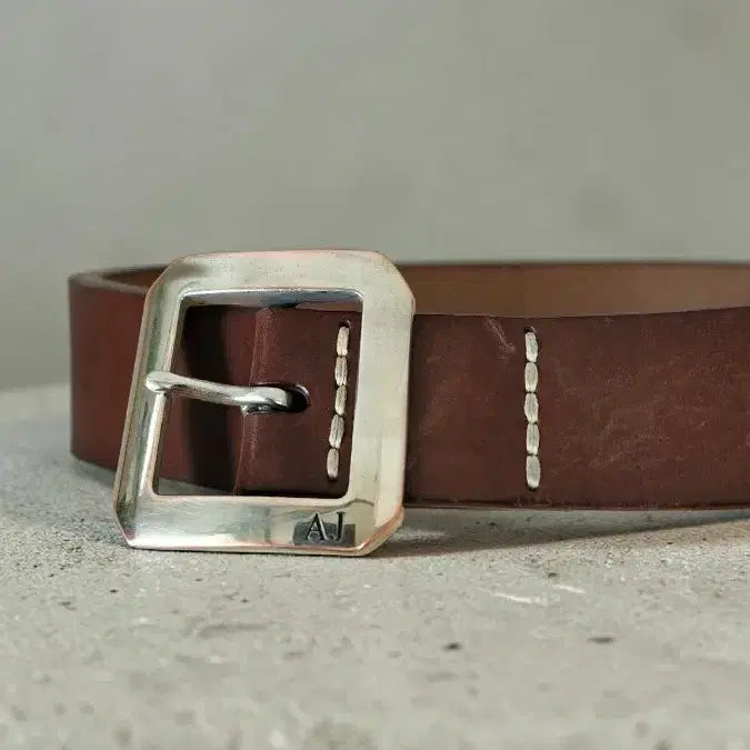 [BUNJANG] Armani Jeans Brass Buckle Full Grain Leather Stitch Belt / ARMANI JEAMS 황동 버클 통가죽 스티치 벨트