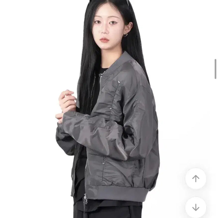 [BUNJANG] Butterfly Metal Curved Shirring Bomber Jacket (Charcoal) / 나비 메탈 커브드 셔링 봄버 자켓 (챠콜)