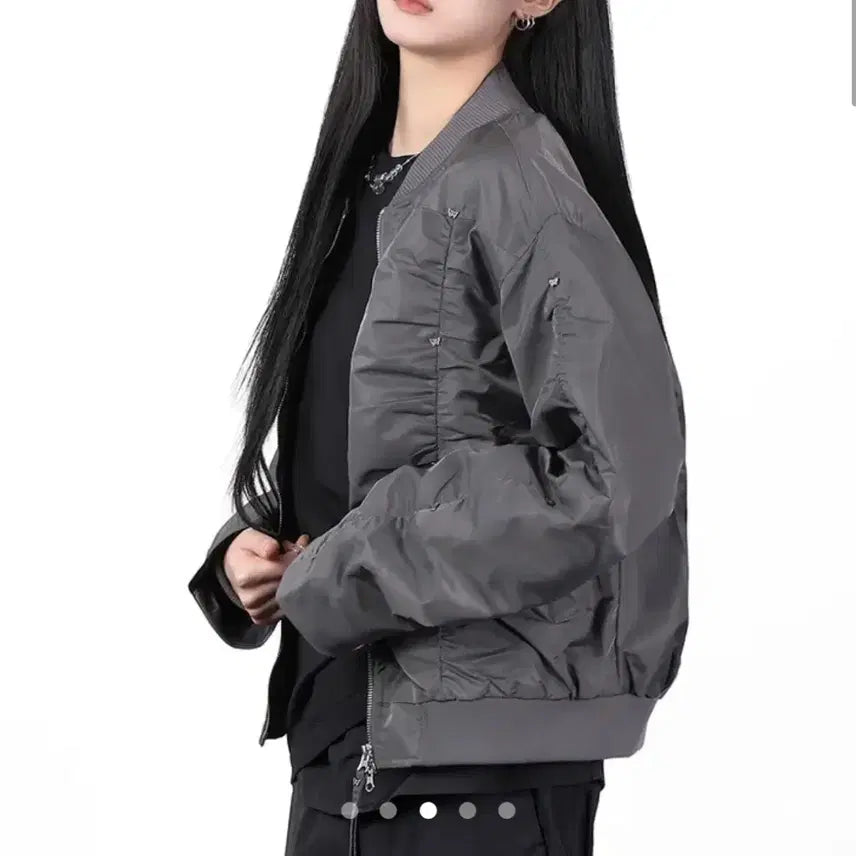 [BUNJANG] Butterfly Metal Curved Shirring Bomber Jacket (Charcoal) / 나비 메탈 커브드 셔링 봄버 자켓 (챠콜)