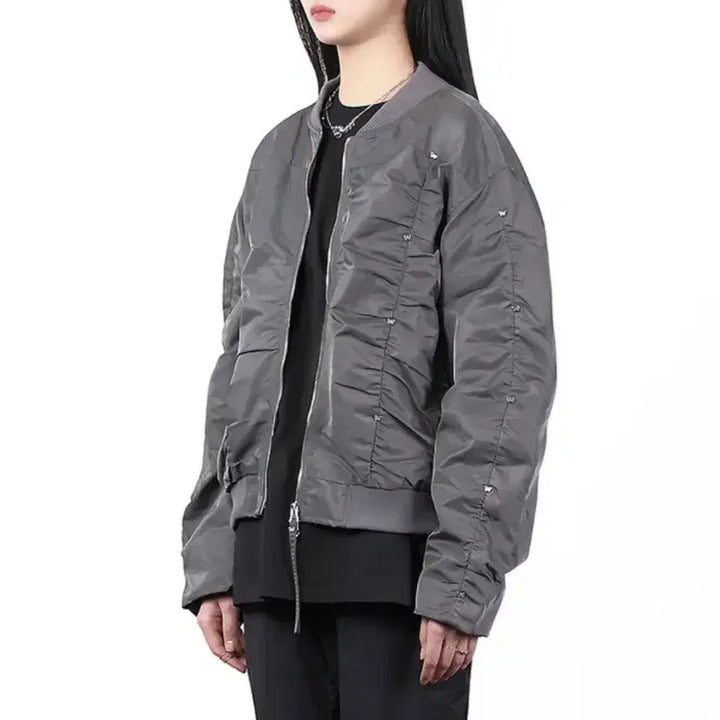 [BUNJANG] Butterfly Metal Curved Shirring Bomber Jacket (Charcoal) / 나비 메탈 커브드 셔링 봄버 자켓 (챠콜)
