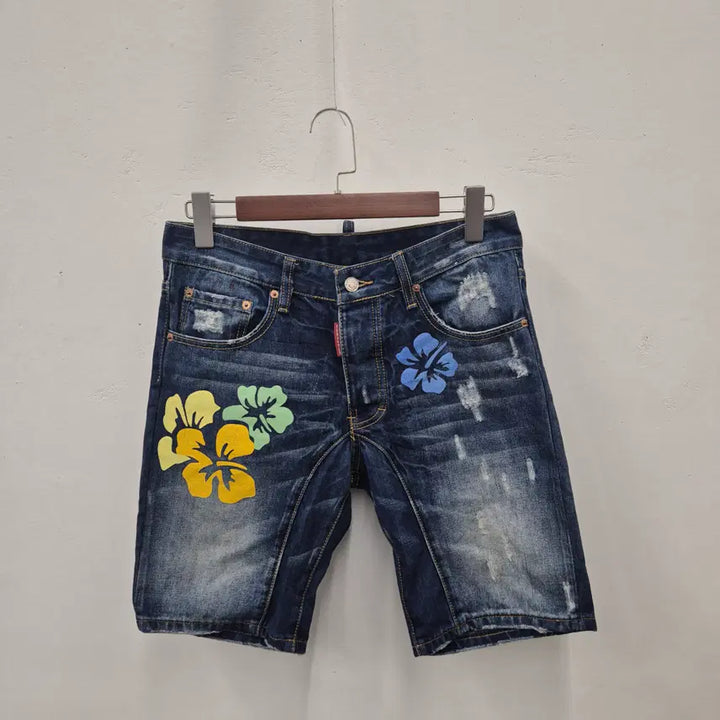 [BUNJANG] DSQUARED2 Flower Embroidered Biker Denim Shorts / 디스퀘어드2 플라워 자수 바이커 데님 반바지 50