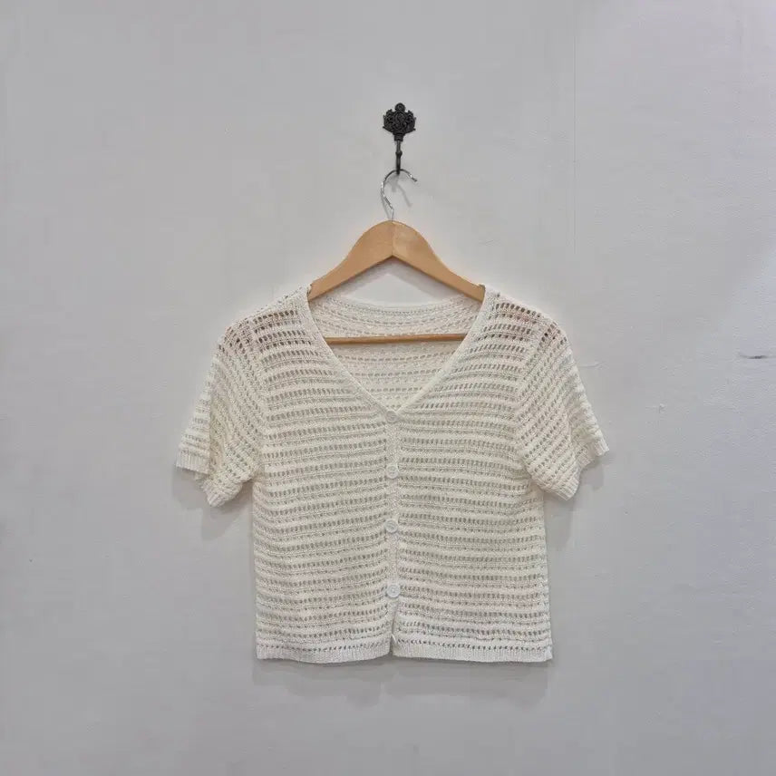[BUNJANG] Ivory Crochet Short Sleeve Cardigan / 아이보리색 크로셰 뜨개 반팔 가디건