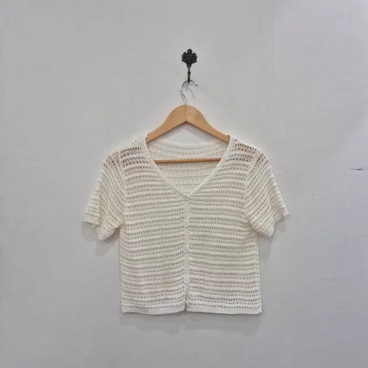 [BUNJANG] Ivory Crochet Short Sleeve Cardigan / 아이보리색 크로셰 뜨개 반팔 가디건
