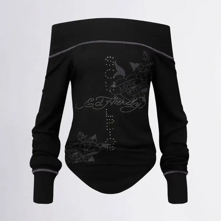 [BUNJANG] Sculptor Ed Hardy Black Off-Shoulder Long Sleeve Top / 스컬프터 에드하디 블랙 오프숄더 긴팔