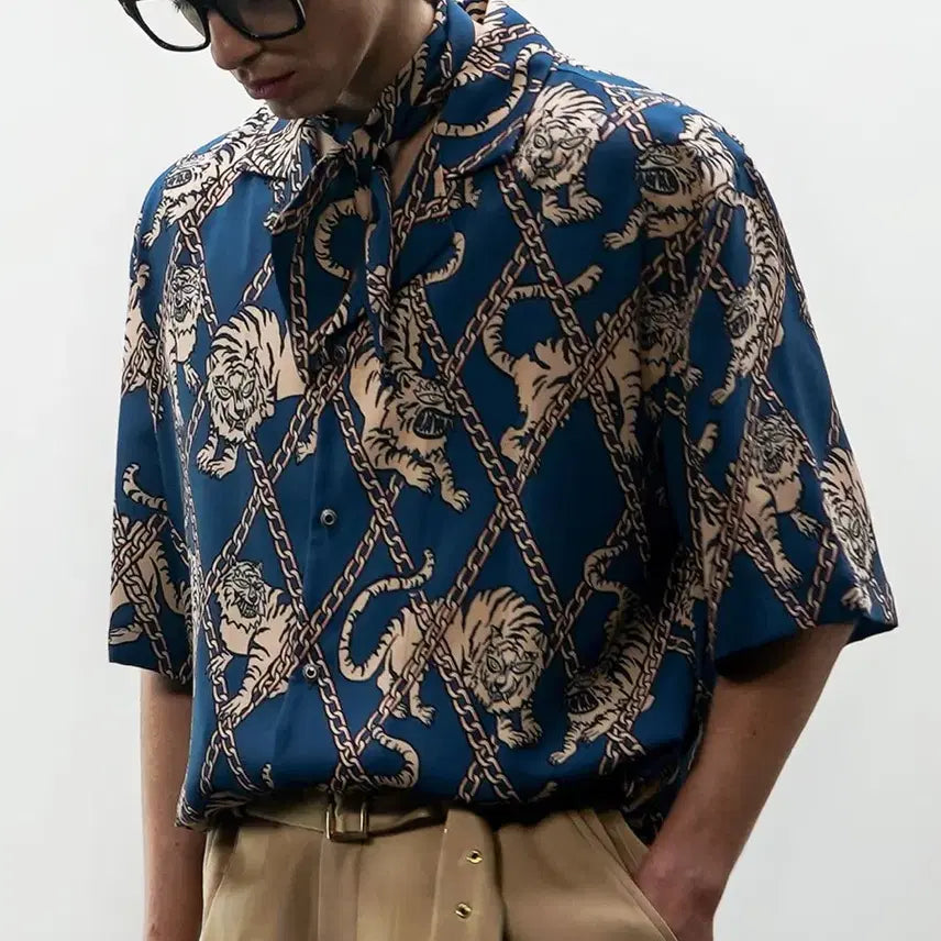 [BUNJANG] Untage Unisex Tiger Print Bowling Shirt / 언티지 호랑이 프린트 볼링 셔츠 유니섹스