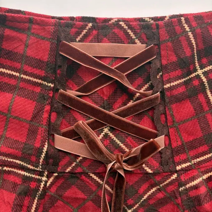 [BUNJANG] LIZLISA Red Check Corset Mini Skirt / 고전 리즈리사 레드 체크 코르셋 미니 스커트 아가일 큐롯 할로윈