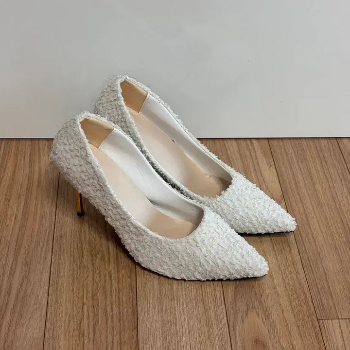 [BUNJANG] White Tweed Heels (250mm) / 화이트 트위드 힐 250