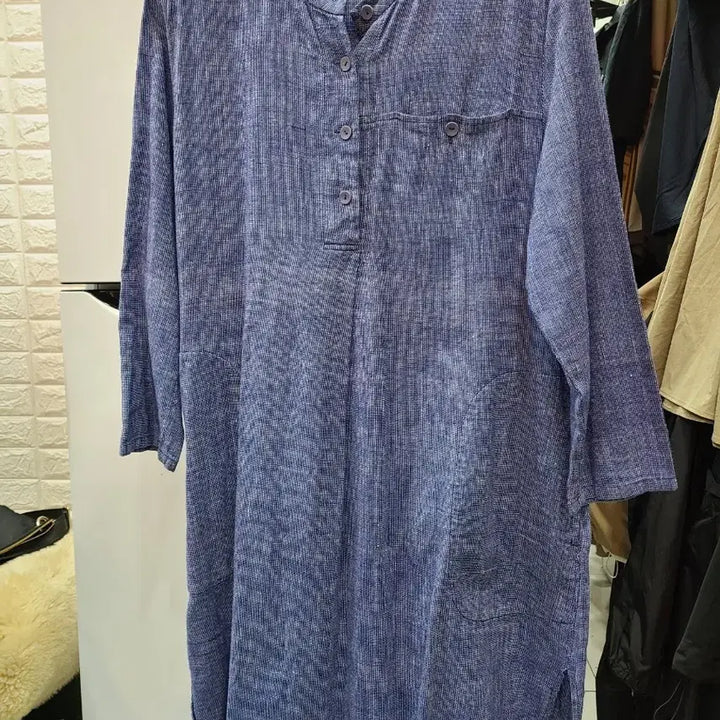 [BUNJANG] ISSAE Striped Henley Neck 7/10 Sleeve Dress / 이새  스트라이프 헨리넥 7부 원피스