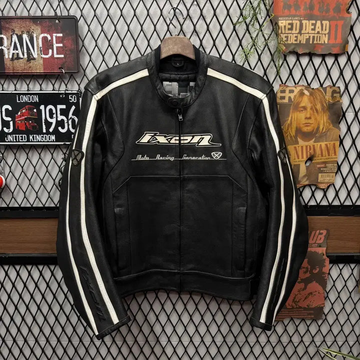 [BUNJANG] 00s Vintage Leather Riding Jacket with Big Front and Back Logo (Black) / 00s 빈티지 라이딩 가죽 자켓 전후면 빅로고 포인트 블랙