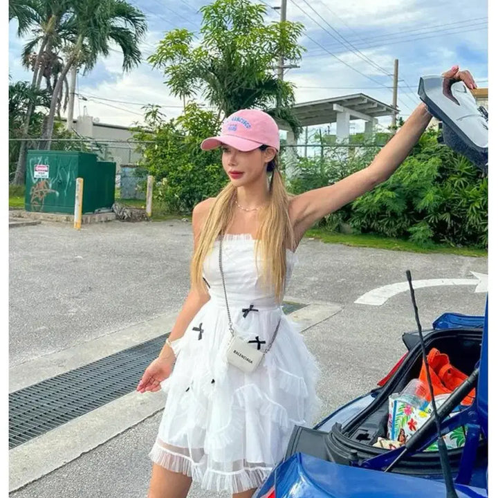 [BUNJANG] Ribbon Tiered Mini Dress / 리본 캉캉 탑드레스