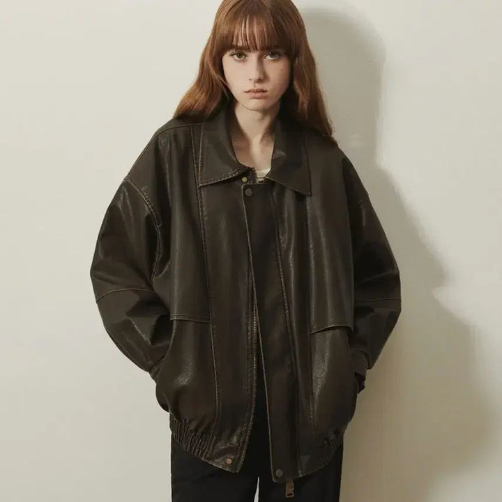 [BUNJANG] Lady Volume Vintage Coating Leather Jacket / 레이디 볼륨  VINTAGE COATING LEATHER JACKET