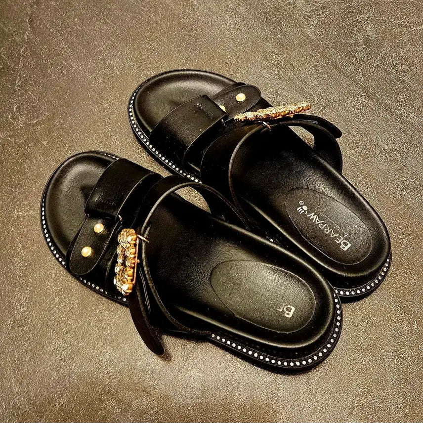 [BUNJANG] Bearpaw Black Cubic Embellished Sandals Slippers (235) / 베어파우 블랙 큐빅 장식 샌들 슬리퍼 235