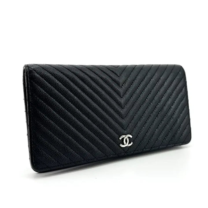 [BUNJANG] Chanel Caviar Chevron Silver Hardware Flap Long Wallet / 샤넬 캐비어 쉐브론 은장 플랩 장지갑