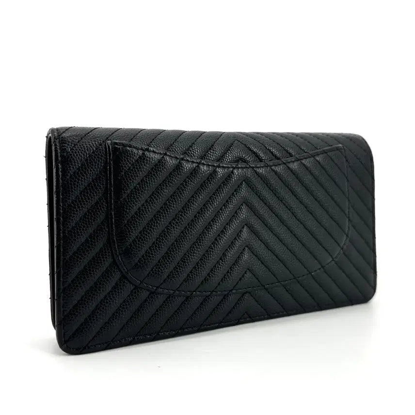 [BUNJANG] Chanel Caviar Chevron Silver Hardware Flap Long Wallet / 샤넬 캐비어 쉐브론 은장 플랩 장지갑