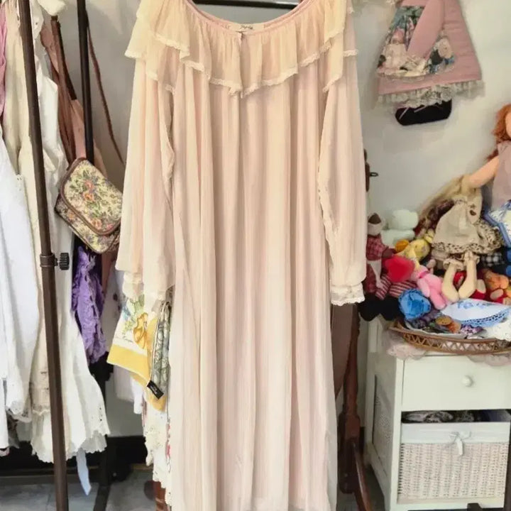 [BUNJANG] Enne Moni Lace Pink Long Pajama Dress / 엔느 몬니 레이스 핑크 롱 원피스 파자마