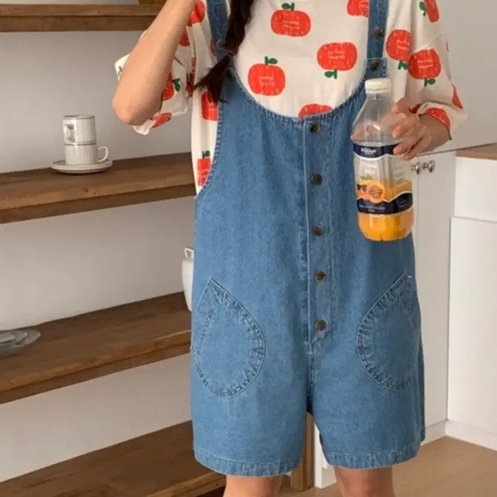[BUNJANG] Denim Overall Shorts - Dark Wash / 멜빵 청반바지 진청