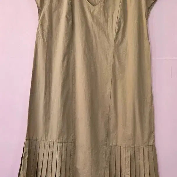 [BUNJANG] V-Neck Pleated Khaki Long Dress / 브이넥 플리츠 카키색 원피스