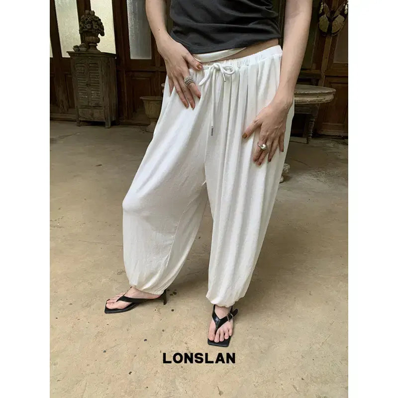 [BUNJANG] LONSLAN Tapered Drawstring Casual Pants White / LONSLAN 론슬란 테이퍼드 드로스트링 캐주얼 팬츠 화이트