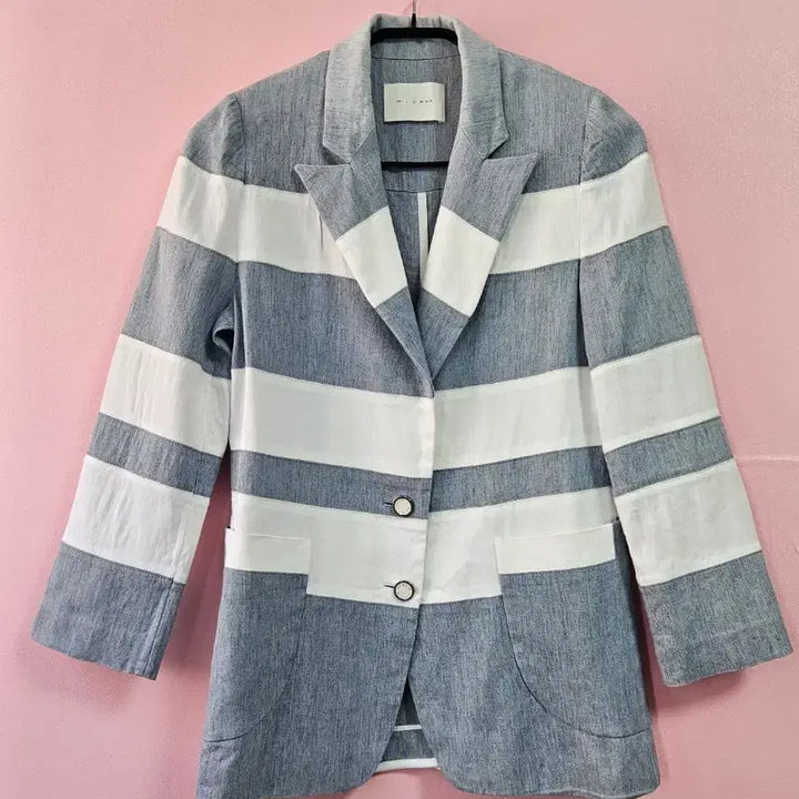 [BUNJANG] MICHAA Stripe 100% Linen Blouson Jacket / 미샤 스트라이프 블루종 마 100%자켓