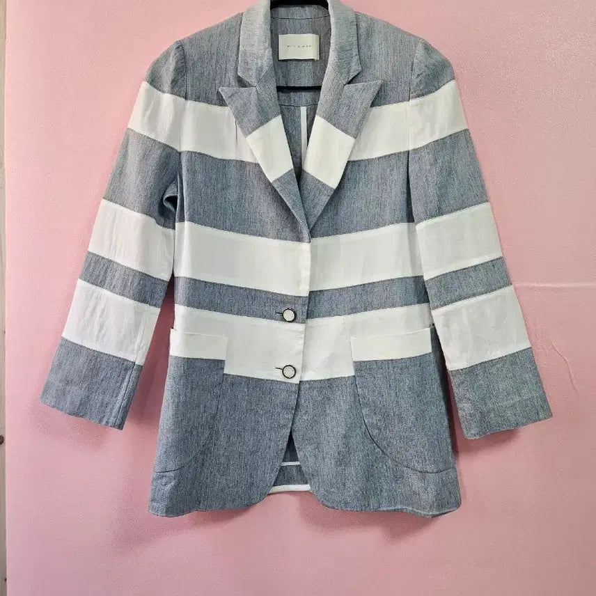 [BUNJANG] MICHAA Stripe 100% Linen Blouson Jacket / 미샤 스트라이프 블루종 마 100%자켓