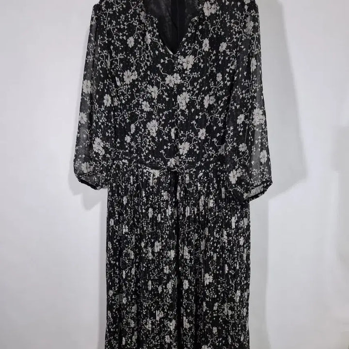 [BUNJANG] Black Flower Chiffon Pleated Dress / 블랙 플라워 시폰 플리츠 원피스