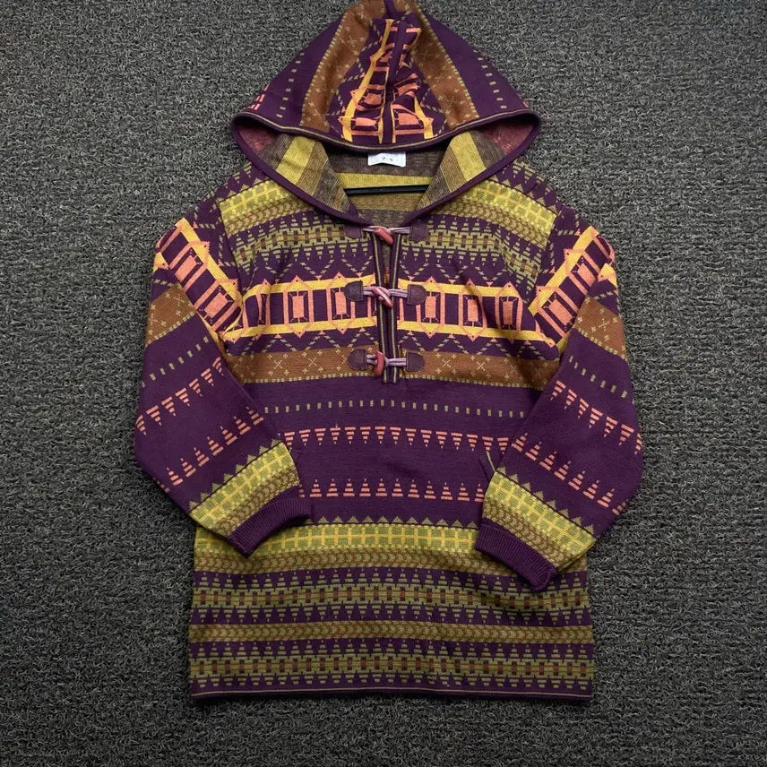 [BUNJANG] Vintage Pattern Knit Duffle Hooded Coat / Vintage 빈티지 패턴 니트 더플 후드