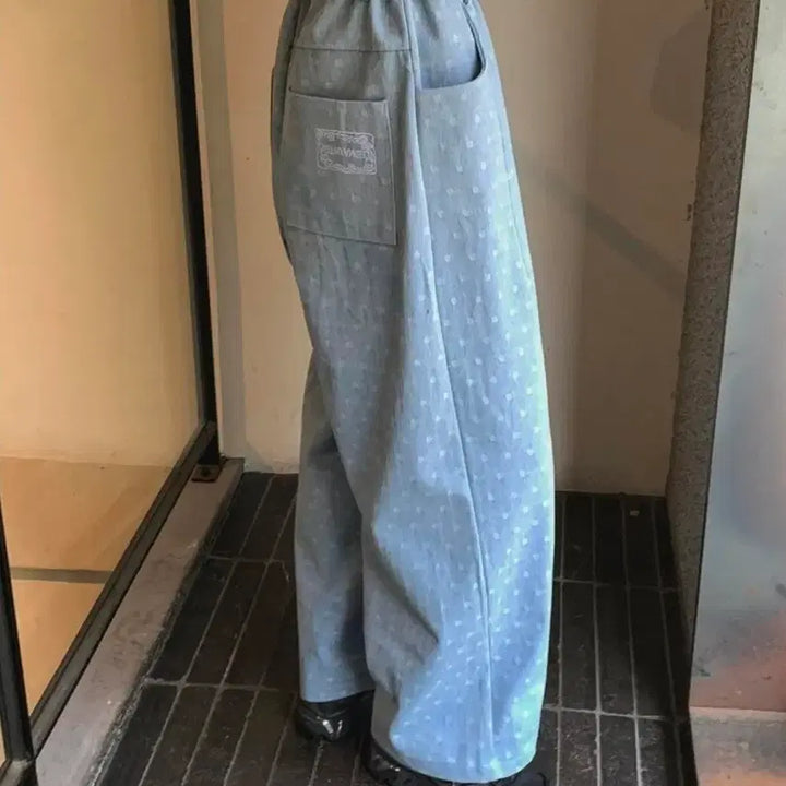 [BUNJANG] Dot Wide Fit String Jeans Light Blue Wash / 도트 와이드핏 스트링 청바지 연청