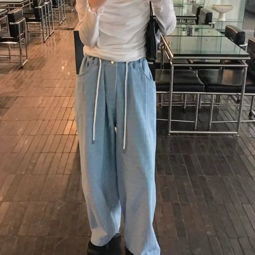 [BUNJANG] Dot Wide Fit String Jeans Light Blue Wash / 도트 와이드핏 스트링 청바지 연청