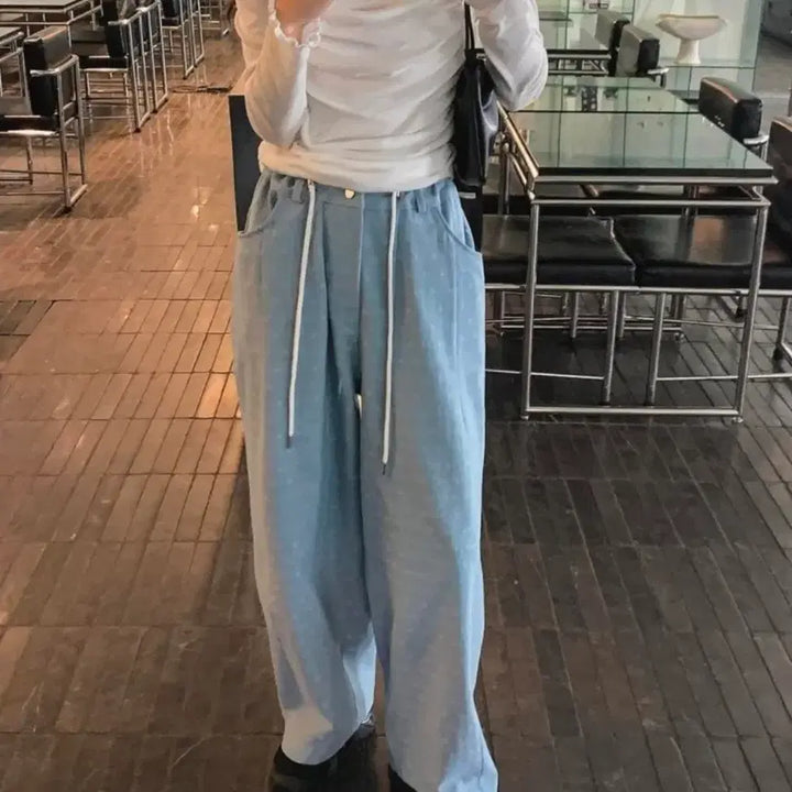 [BUNJANG] Dot Wide Fit String Jeans Light Blue Wash / 도트 와이드핏 스트링 청바지 연청