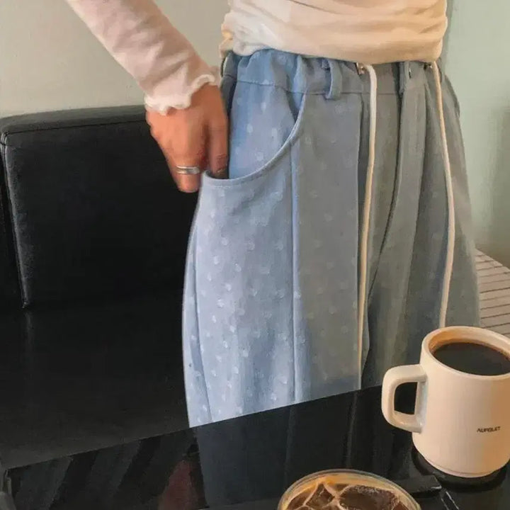 [BUNJANG] Dot Wide Fit String Jeans Light Blue Wash / 도트 와이드핏 스트링 청바지 연청