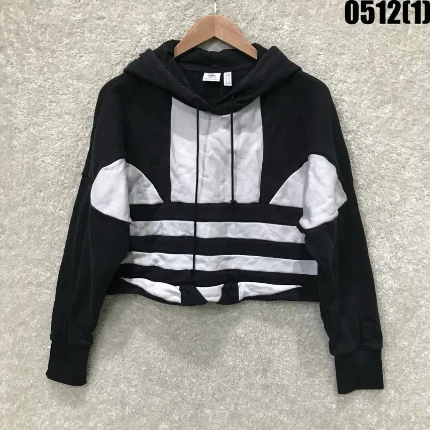 [BUNJANG] Adidas Black/White Cropped Hoodie / 아디다스 블랙/화이트 크롭 후드티