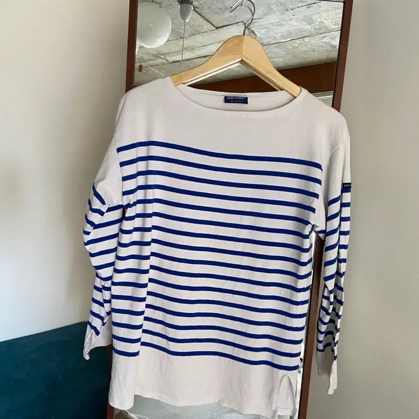 [BUNJANG] Saint James White and Blue Striped Long Sleeve T-Shirt / 세인트제임스 흰파 줄무늬 티셔츠