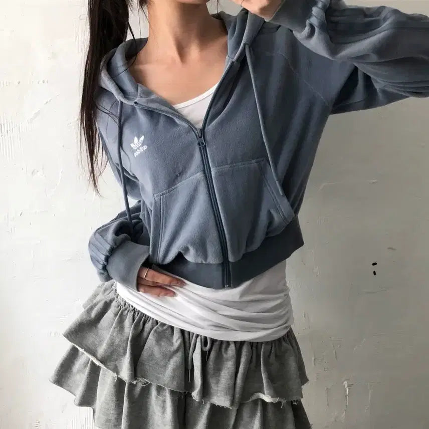 [BUNJANG] Adidas Mute Blue Terry Crop Hooded Zip-Up S / Adidas 아디다스 뮤트블루 컬러 테리 크롭 후드집업
